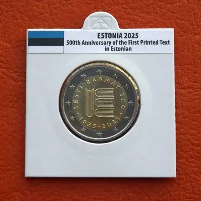 Обява: Естония • 500 години от първия печатен текст на естонски • 2 евро • 2025