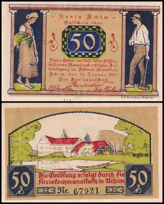 Обява: 🇩🇪 Германия Achim 1921 50 пфенинга UNC нова 🇩🇪