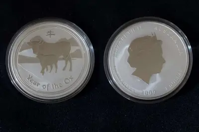 Обява: Австралия 2009 – 1 долар - Година на Бика , 1 OZ – Сребърна монета