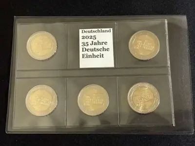 Обява: Германия 2025 – 2 евро - комплектен сет 35 години от обединението на Германия (ADFGJ)