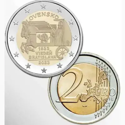 Обява: Словакия 2023 – 2 евро - Експресна поща между Виена и Братислава UNC