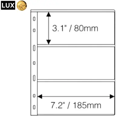 Обява: прозрачни резервни листи LUX за три банкноти 3C – 185x80 мм , опаковка от 10 броя - OPTIMA стандарт