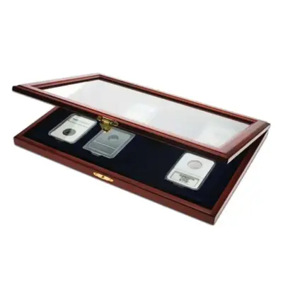 Обява: Луксозна дървена кутия витрина SAFE за 8 сертифицирани монети / SLABS капсули