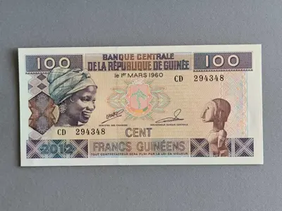 Обява: Банкнота - Гвинея - 100 франка UNC | 2012г.