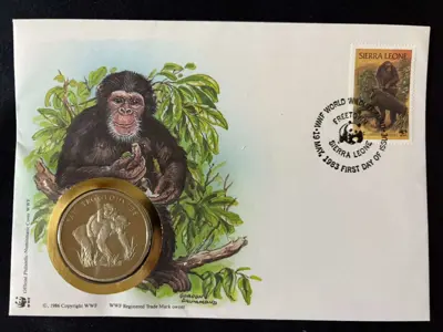 Обява: Сиера Леоне 1986 - Обикновено шимпанзе , 30 години WWF медал – Numisbrief