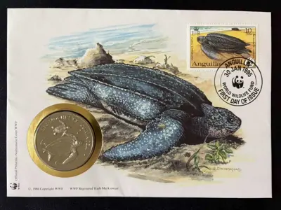 Обява: Ангуила 1995 - морска костенурка , 30 години WWF медал – Numisbrief