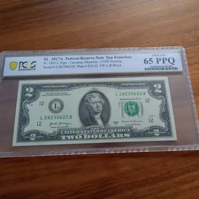 Снимка за обява „Банкнота 2 долара 2017 PCGS 65 PPQ GEM UNC"