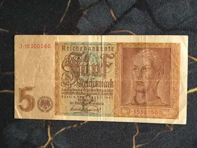 Снимка за обява „Банкнота - Трети райх - Германия - 5 марки | 1942г."