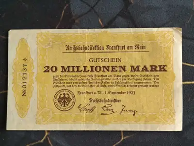 Снимка за обява „Райх банкнота - Германия - 20 000 марки (Франкфурт) | 1923г"