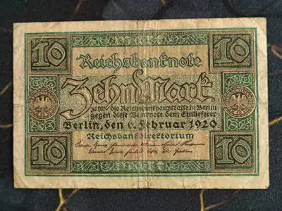 Снимка за обява „Райх банкнота - Германия - 10 марки | 1920г."