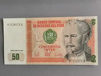 Снимка за обява „Банкнотa - Перу - 50 интис UNC | 1987г."