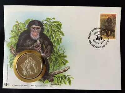 Снимка за обява „Сиера Леоне 1986 - Обикновено шимпанзе , 30 години WWF медал – Numisbrief"