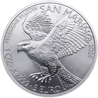 Снимка за обява „Сан Марино 2026 – 5 евро – Сокол - 1 OZ Сребърна монета BU"