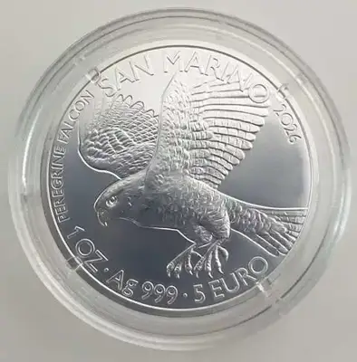 Снимка за обява „Сан Марино 2026 – 5 евро – Сокол - 1 OZ Сребърна монета BU"