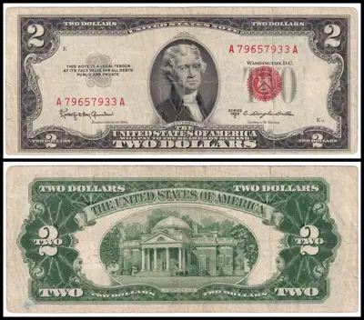 Снимка за обява „🇺🇸 САЩ 1953 2 долара червен печат 🇺🇸"