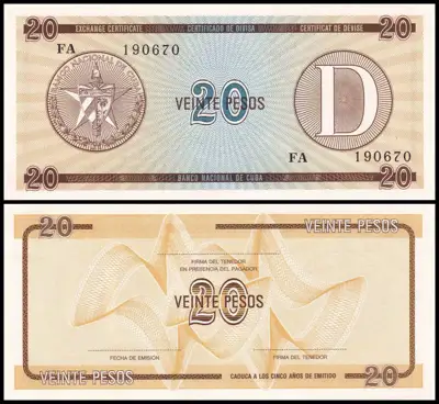 Снимка за обява „🇨🇺 Куба 1985 20 песос D UNC нова 🇨🇺"