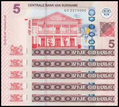 Снимка за обява „🇸🇷 x5 броя Суринам 2020 5 долара UNC нови 🇸🇷"