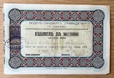 Снимка за обява „Незадължителен дял на Воден синдикат Грамадата – 100 лева"