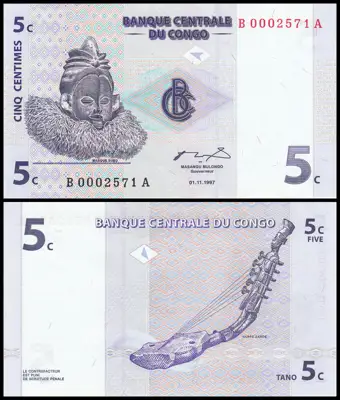 Снимка за обява „🇨🇩 Банкнота Конго ДР 1997 5 центим UNC нова 🇨🇩"