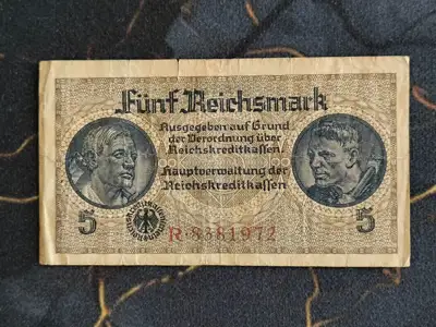 Снимка за обява „Райх банкнота - Германия - 5 марки | 1939г.“