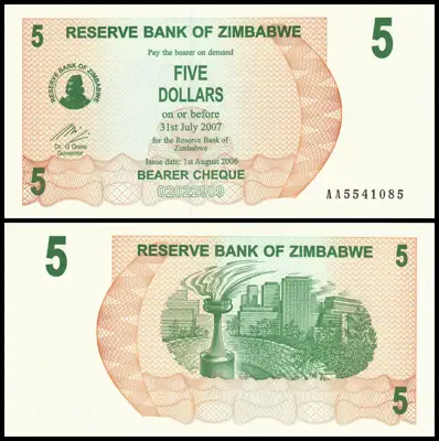 Снимка за обява „🇿🇼 Банкнота Зимбабве 2006 5 долара UNC нова 🇿🇼“