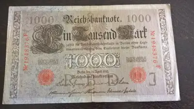 Снимка за обява „Райх банкнота - Германия - 1000 марки (червен печат) | 1910г.“