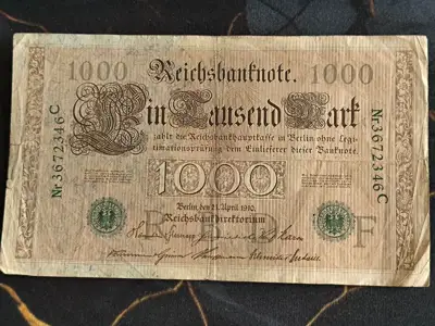 Снимка за обява „Райх банкнота - Германия - 1000 марки (зелен печат) | 1910г.“