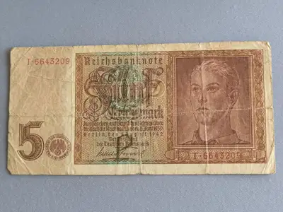 Снимка за обява „Трети райх - Банкнота - Германия - 5 марки | 1942г.“
