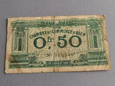 Снимка за обява „Банкнота - Франция - 0,5 (половин) франк | 1922г.“