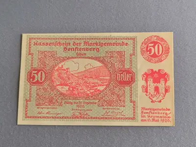 Снимка за обява „Банкнота - Австрия - 50 хелера (Зенфтенберг) серия 1| 1920г.“
