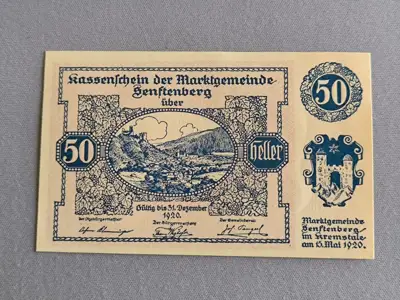 Снимка за обява „Банкнота - Австрия - 50 хелера (Зенфтенберг) серия 5| 1920г.“
