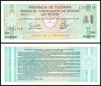 Снимка за обява „🇦🇷 Банкнота Аржентина Tucuman 1987-1988 1 аустрал UNC нова 🇦🇷“