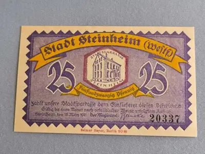 Снимка за обява „Банкнота - Германия - 25 пфенига (Щайнхайм) | 1921г.“
