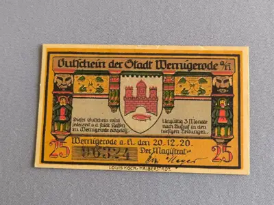Снимка за обява „Банкнота - Германия - 25 пфенига (Вернигероде) | 1920г.“