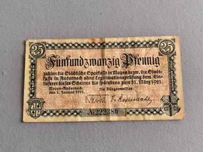 Снимка за обява „Банкнота - Германия - 25 пфенига (Андренах) | 1921г.“